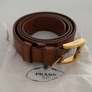 Prada Cognac Brown Leather Waist Belt Gold Buckle Classic 1" Wide